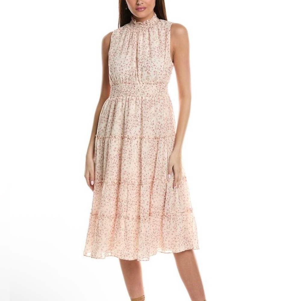 O.P. T Tuckernuck Ash Pink Floral MIDI Dress XS Beige High Neck Cottagecore